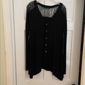 Velvet Black Button Down Shirt with Lace Detail